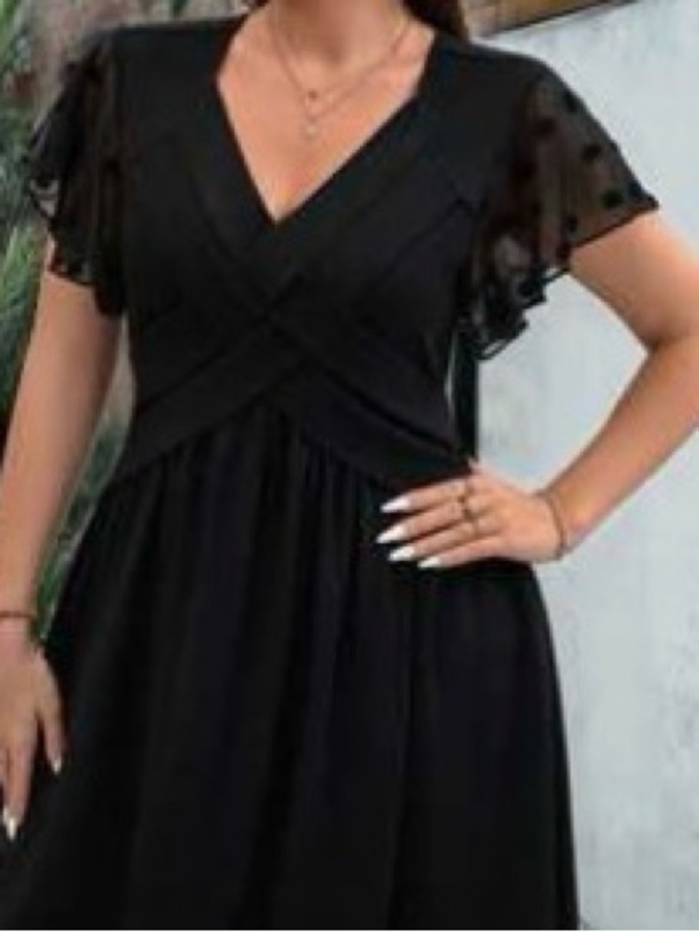 SHEIN Black V-Neck Wrap Dress with Sheer Polka Dot Sleeves
